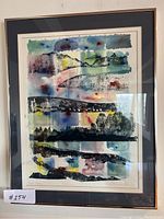Full view of framed mixed media print showing abstract nightscape and frame.