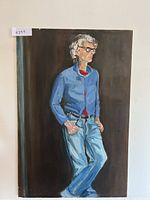 Full view of the oil painting showing a man standing in blue jacket, red shirt, and jeans against a dark background.