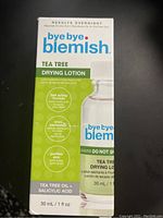 Photo of Bye Bye Blemish Tea Tree Drying Lotion box and bottle, showing front label and product information.