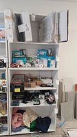 White bookshelf filled with various boxed and loose items, shelves visible showing the structure and content.