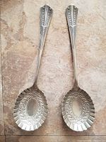 Front view of two large, 8.5 inch silver-plated serving spoons with embossed bowls and decorated handles.