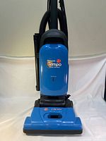 Front view of blue Hoover Widepath Tempo upright vacuum cleaner showing branding and control panel