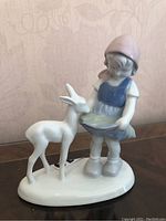 Porcelain figurine of girl holding bowl with fawn beside her, standing on oval base, seen at angle to show full figure and animal.