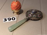 Mirror and scent box together showing cloisonne and jade handle details