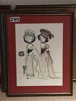 Full framed costume illustration of two women in 18th century attire, showing entire artwork and frame.
