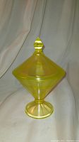 Yellow uranium glass candy compote with lid shown from front, highlighting geometric lid and base.