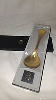 Full view of the sterling spoon sealed in plastic inside the black presentation box.