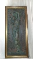 Front view of framed bronze relief showing nude female holding amphora