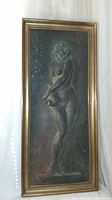 Full frontal view of rectangular bronze relief in gilt wood frame