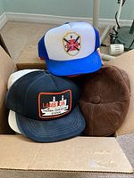 Photo of nine various hats in box, some trucker hats with logos including firefighter emblem and Lambton Thermal Generating Station, suede hat, baseball caps with embroidery and pins.