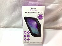 Front view of HoMedics UV Clean Sanitizer Case box with image of the product and key feature stating kills 99.9% bacteria and viruses.