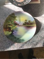 Top view of the front of the plate showing detailed hand painted landscape scene with river, swans, trees, and horizon.