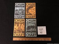 Four CHUM music charts laid out on black surface, ruler placed in foreground. Charts advertise 1960s music events featuring the Beach Boys and others.