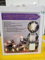 Photo of the box back showing product details and images of the pinecone shaped LED string lights on a Christmas tree and decorative candle display.