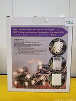 Box showing product information and images of the 16ft pinecone shaped Christmas lights with warm white LEDs and battery box