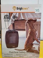 Front of box featuring product image and brand name Brightown, with a dog sitting next to the heater image.