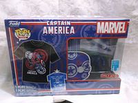 Boxed set showing Funko Pop Captain America figure and XL T-shirt with Marvel branding
