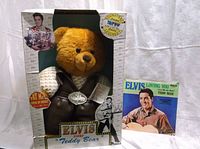 Full view of the Elvis Sings Teddy Bear in original box with the 45 record beside it