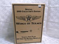 Brown collector box for Wings of Texaco 1999 Special Collector's Edition featuring an image outline of the 1927 Ford Tri-Motored Monoplane with Texaco logo and text.