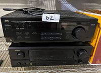 Front and side view of JVC RX-6018VBK and Denon DRA-297 stacked receivers showing control panels and power cords.