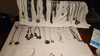 Photo of 25 assorted necklaces hanging and laid out on a surface, showing variety in style, material, and length.