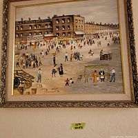 Framed street market scene with figures and stalls, signed Abold 82