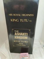 Photo of original black box with gold text showing His Royal Highness King Tutu, The Ashanti Kingdom Royal Family Bear Collection