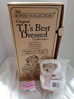Boxed bear from Boyds Collection Original TJ's Best Dressed Collection labeled with Grandmother Beatrice, Baileyanne & Tedley along with stuffed bear in plastic wrap