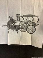 Front view of a black ink rubbing print depicting an ancient carriage scene with a horse and a driver, with Chinese characters above the carriage.
