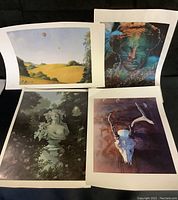 Four contemporary and modern art prints showing a pastoral scene, abstract colorful portrait, classical bust, and skull with horns.