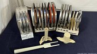 Photo showing several stainless steel slicing and shredding discs organized on white plastic holders, with a white plastic blade holder and two-pronged tool.