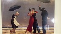 Full view of framed print showing the dancing couple and umbrella holders by the sea.