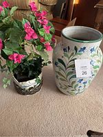 Photo showing both the Italian ceramic pot and the faux bougainvillea plant in clay pot placed on carpet