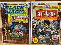 Front covers of two comic books: Black Magic #1 and Blitzkrieg #1, showing detailed artwork and titles.