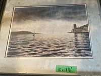 Watercolour painting of a water scene signed Summers with label showing dimensions 10 x 14.5 inches