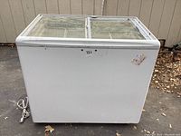 Full exterior view of the white commercial freezer with sliding glass top doors, showing overall condition.
