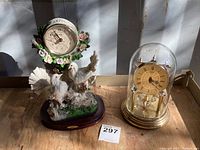 Two decorative clocks: Victorian reproduction bird design CROSA Quartz clock and a 1970s vintage German dome quartz mantle clock