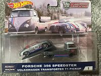 Front view of Hot Wheels set in original packaging showing Porsche 356 Speedster and Volkswagen Transporter T1 Pickup truck.