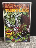Front cover of the comic book showing full illustration of TMNT characters and issue number/date