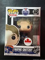 Front view of Wayne Gretzky Funko Pop figure in original box with NHL, Oilers logos and number 32