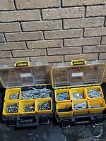 Photo shows two open Dewalt Deep Pro Organizers placed side by side against a brick wall. Each organizer has multiple small compartments filled with various screws, bolts, nuts, and washers.