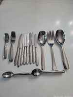 Set of forks, knives, tablespoons, teaspoons laid out showing each piece in polished stainless steel.