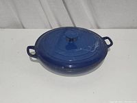 Blue 12 inch double handled enamel cast iron skillet with lid. Skillet is round with two loop handles. Lid has a knob and concentric circle design.