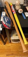 Overall group of baseball and football memorabilia laid out including bats, mini football, and baseballs.