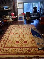 Full view of the rug laid out on floor showing overall design and fringes.