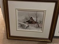 Full view of framed oil painting showing snowy scene