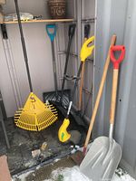 Photo showing snow shovels, leaf rake, hoe, and electric trimmer standing in a small shed.