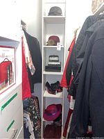 Photo of shelving with hats, purses, and shoes visible arranged vertically.