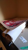 Rolled and flat posters stacked with visible plum blossom print and books behind