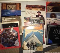15 assorted music vinyl albums laid out on a surface showing cover art from various artists and genres.